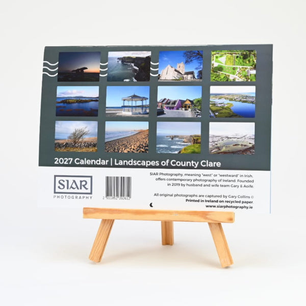 Back cover of 2027 calendar for Landscapes of County Clare on a white background with a small wooden easel.