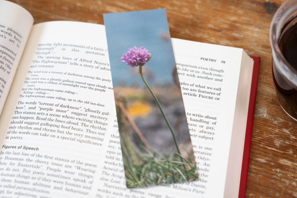 Sea Thrift bookmark on an open book and coffee table.