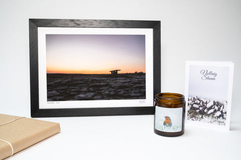 SIAR Framed Print Gift Set with Irish landscape print, hand-poured candle, and personalised greeting card, all gift wrapped