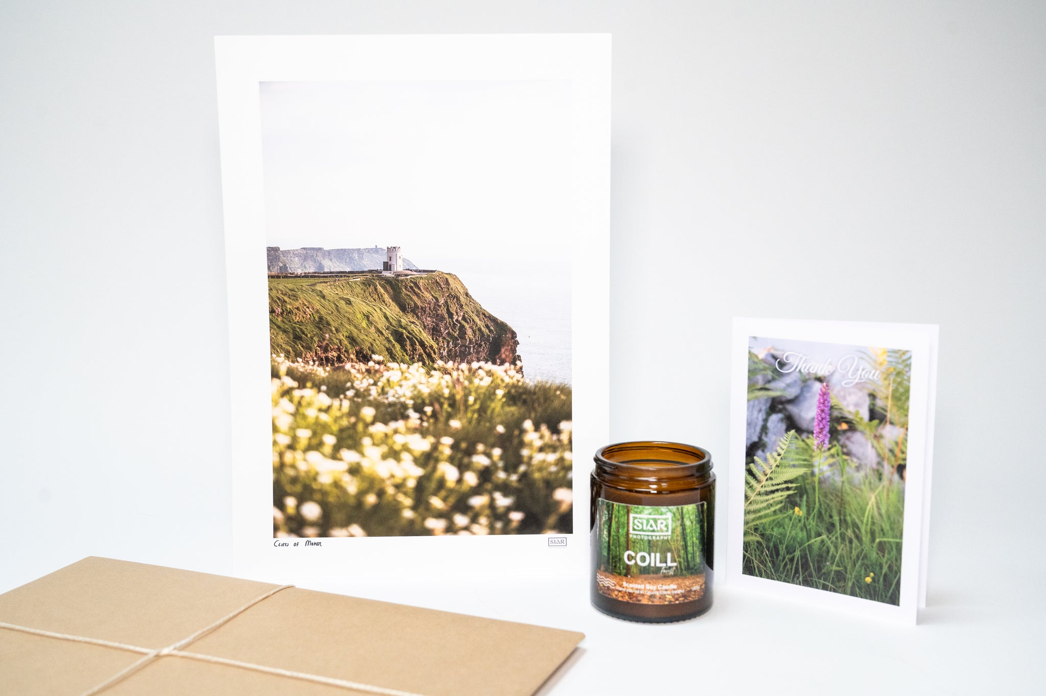SIAR Print Gift Set with Irish landscape print, hand-poured candle, and personalised greeting card, all gift wrapped