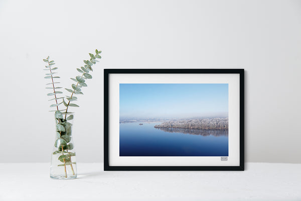 Ballyalla Lake winter drone photography print in black frame, Co Clare, Ireland