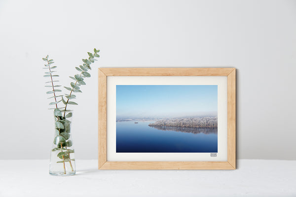 Ballyalla Lake winter drone photography print in natural wood frame, Co Clare, Ireland