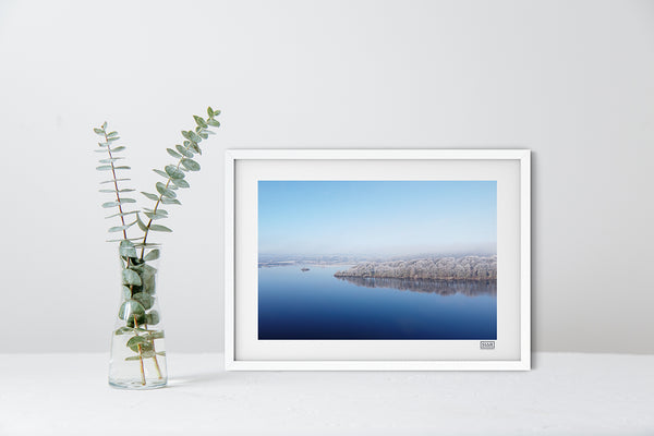 Ballyalla Lake winter drone photography print in white frame, Co Clare, Ireland