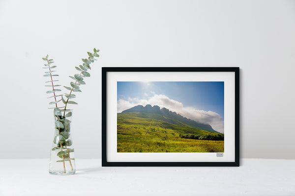 Ben Bulben photograph in a black frame showing the mountain from Luke's Bridge trail under a blue sky with clouds