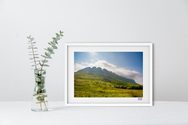 Ben Bulben photograph in a white frame showing the mountain from Luke's Bridge trail under a blue sky with clouds.