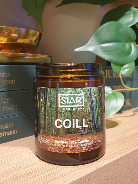 Irish Coill candle with amber, sandalwood, and musk notes