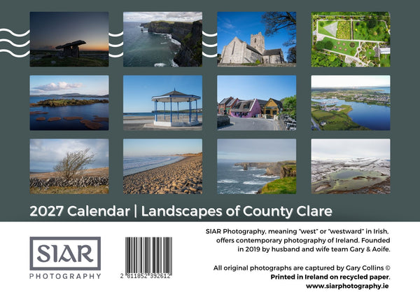 Back cover of Irish wall calendar featuring County Clare locations