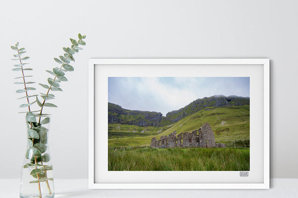 Gleniff Horseshoe with Miners School Ruins landscape photo print – white frame.