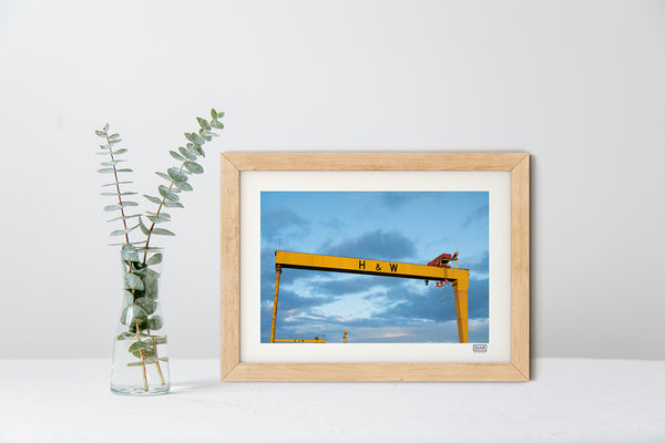 Harland & Wolff cranes photo in a natural frame showing Belfast skyline with blue and pink sky