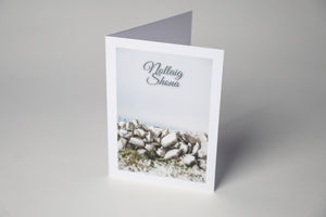 Snowy Burren Wall Irish-made Christmas card with Nollaig Shona greeting