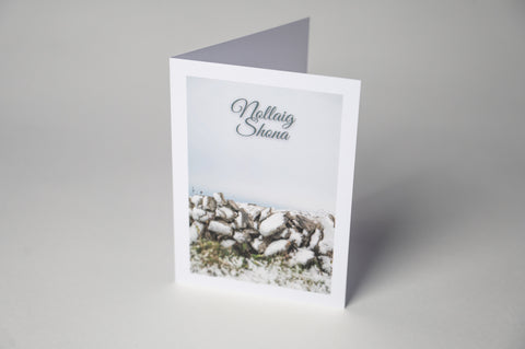 Snowy Burren Wall Irish-made Christmas card with Nollaig Shona greeting