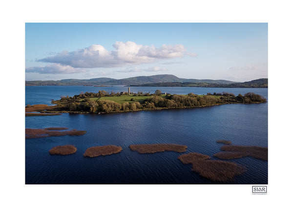 An aerial drone photograph of Holy Island on Lough Derg in County Clare