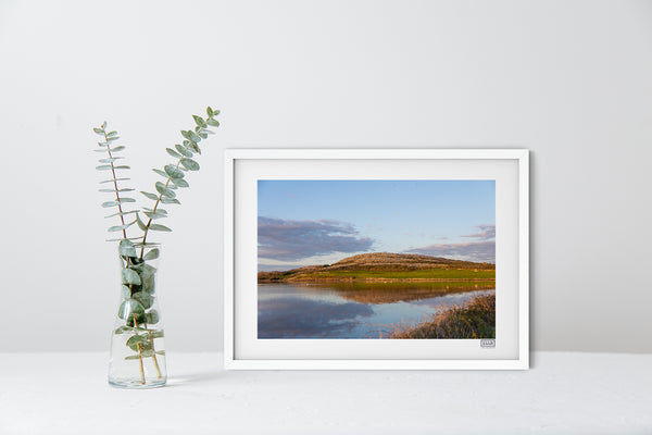 A White Framed contemporary Irish Landscape Print of Mount Vernon on the Flaggy Shore